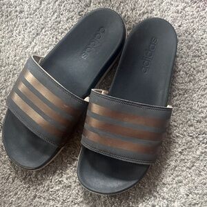 Adidas Black Slides with Brown Stripes